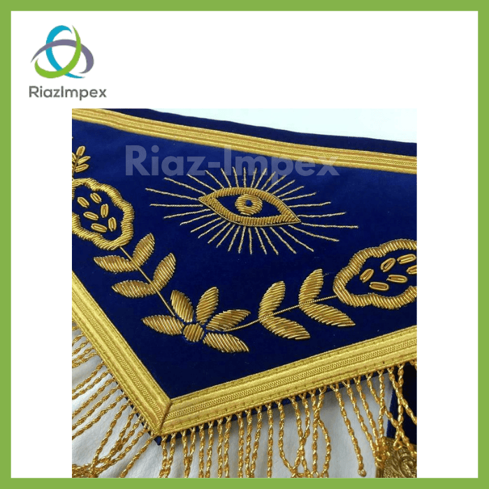RIAZ IMPEX MASONIC REGALIA Masonic Blue Lodge Past Master Gold Handmade Embroidery Apron Blue Velvet