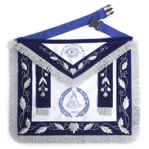 Past Master Blue Lodge Apron – Blue Velvet With Gray Rayon Fringe – product view