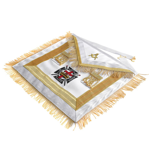 Knights Templar Apron – White & Gold Machine Embroidery with Fringe – detail 2