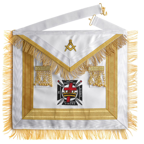 Knights Templar Apron – White & Gold Machine Embroidery with Fringe – product view
