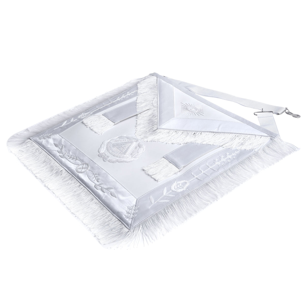 Deputy Grand Master Blue Lodge Apron – All White With Braid & Fringe – detail 2