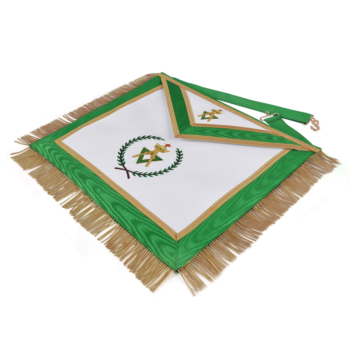 Sovereign Master Allied Masonic Degrees Apron – Green Ribbon With Gold Trim & Fringe – detail 2