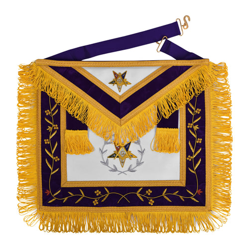 Worthy Patron OES Apron – Purple Velvet With Square & Compass G With Silver Wreath – product view
