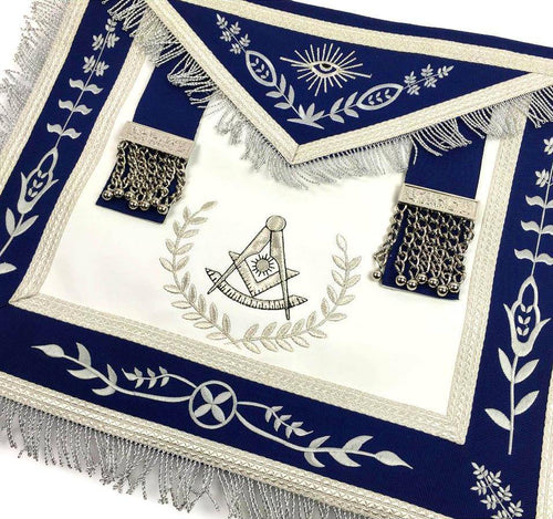 Past Master Blue Lodge Apron – White & Royal Blue with Silver Embroidery – detail 2