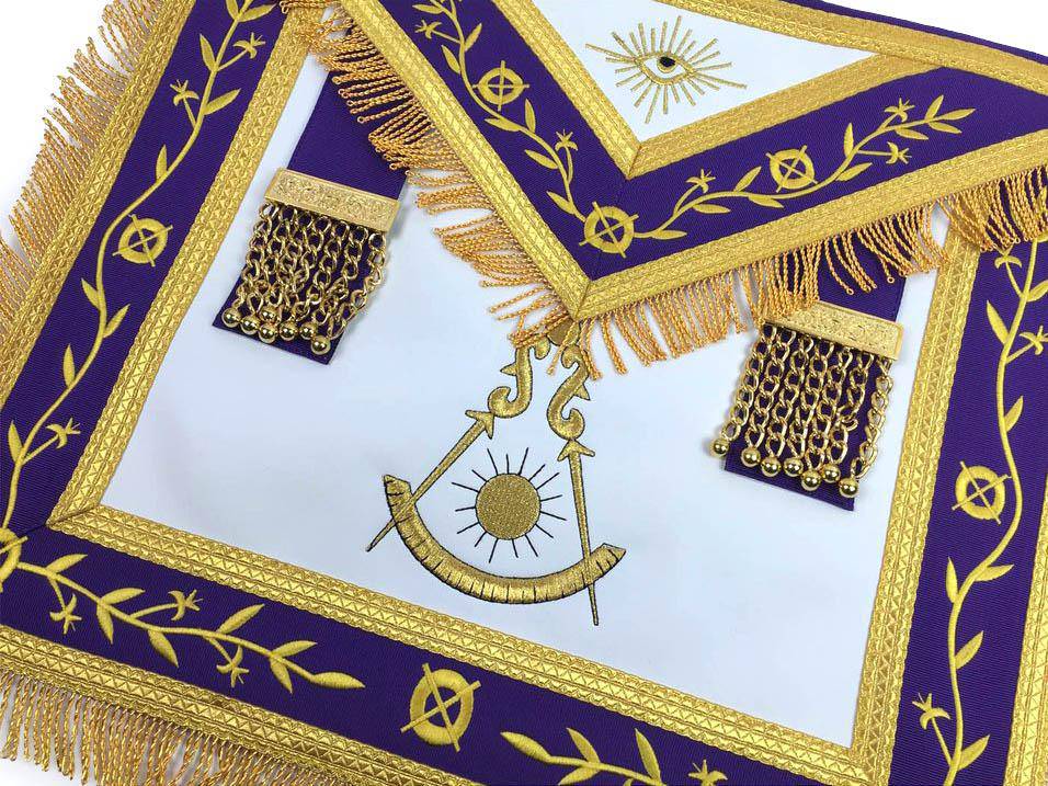 Past Master Blue Lodge Apron – White & Purple with Gold Machine Embroidery – detail 2