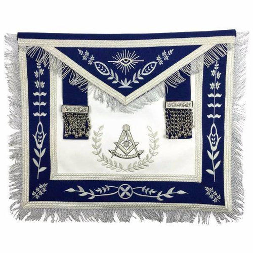 Past Master Blue Lodge Apron – White & Royal Blue with Silver Embroidery – product view