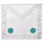 Fellowcraft Blue Lodge Apron – All White Moire with Two Turquoise Rosettes