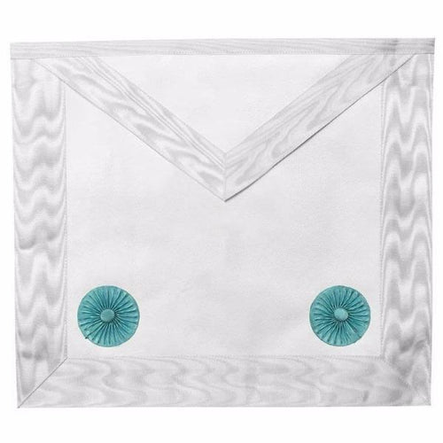 Fellowcraft Blue Lodge Apron – All White Moire with Two Turquoise Rosettes – product view