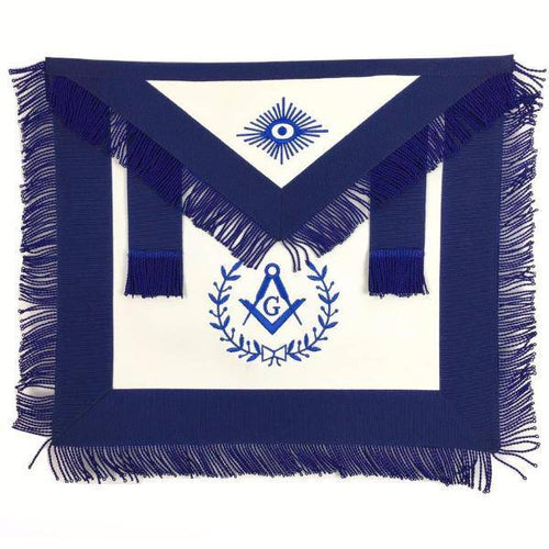 Master Mason Blue Lodge Apron – White & Navy Blue with Blue Fringe – product view