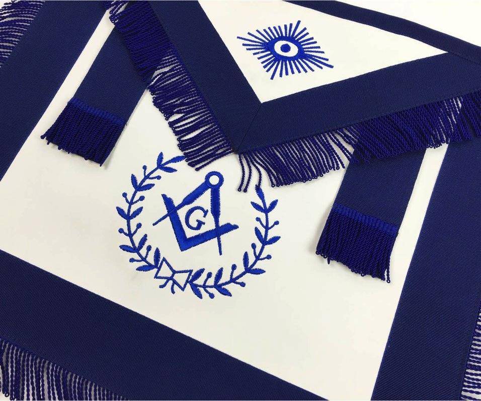 Master Mason Blue Lodge Apron – White & Navy Blue with Blue Fringe – detail 2