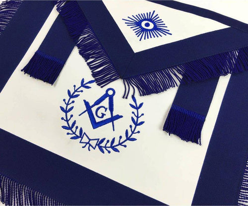 Master Mason Blue Lodge Apron – White & Navy Blue with Blue Fringe – detail 2
