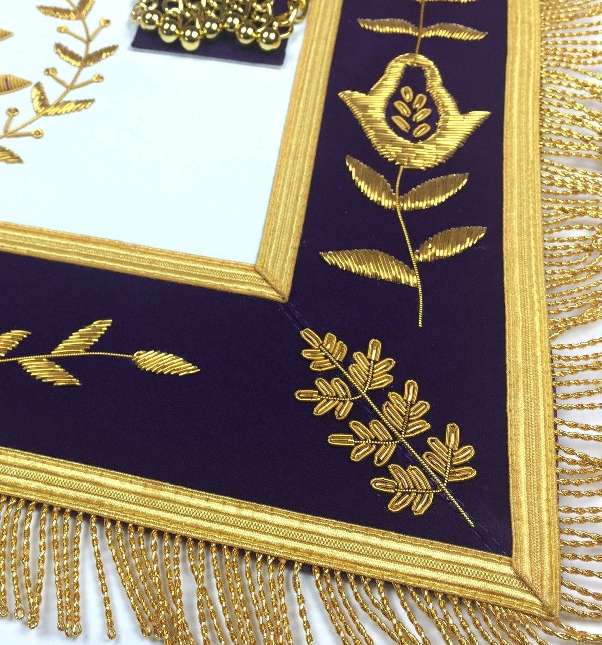 Past Master Blue Lodge Apron – Royal Purple Velvet with Gold Fringe – detail 2