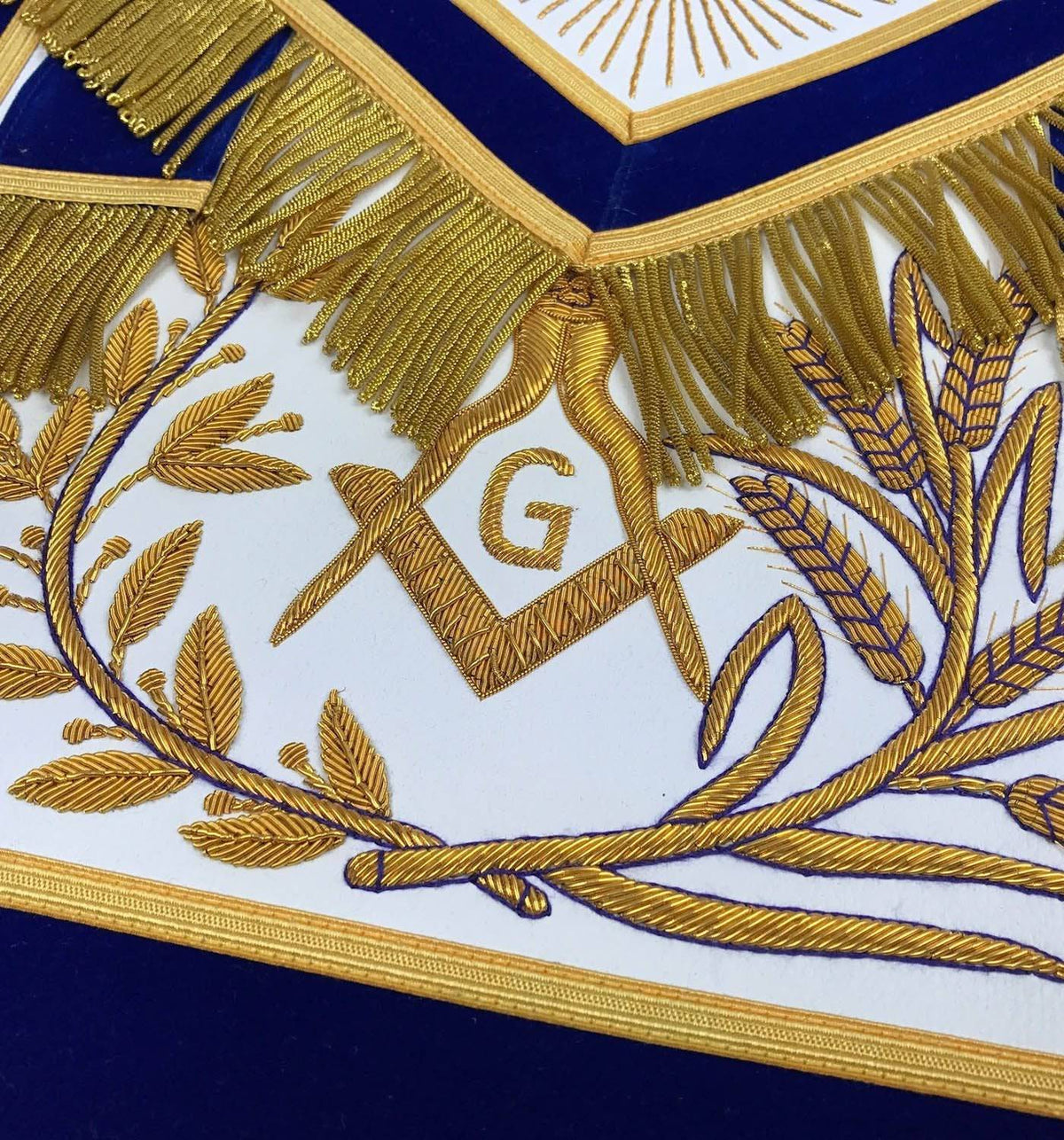 Master Mason Blue Lodge Apron – Purple Velvet with Gold Fringe Hand Embroidered – detail 2