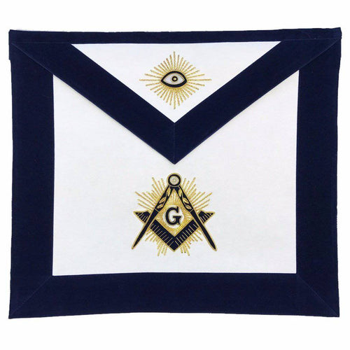 Master Mason Blue Lodge Apron – Navy Velvet with Gold Hand Embroidery – product view