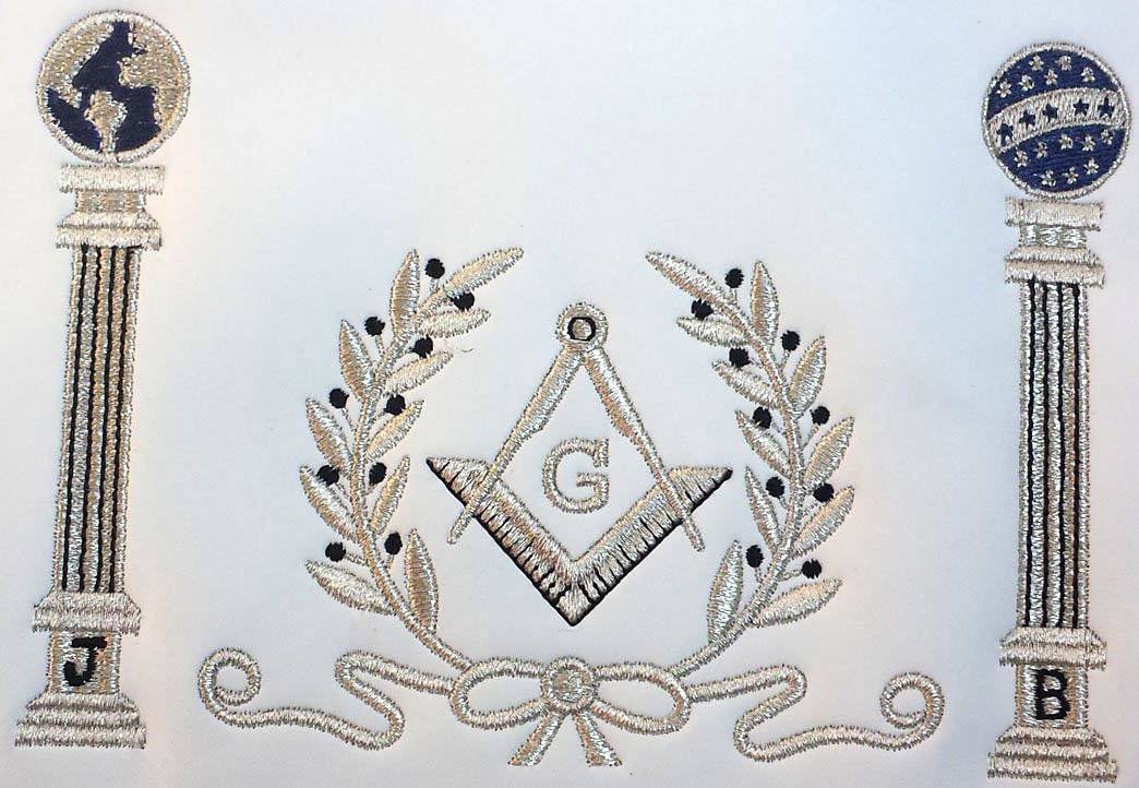 Master Mason Blue Lodge Apron – Navy Blue with Pillars Silver Machine Embroidery – detail 2