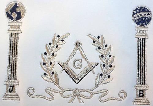Master Mason Blue Lodge Apron – Navy Blue with Pillars Silver Machine Embroidery – detail 2
