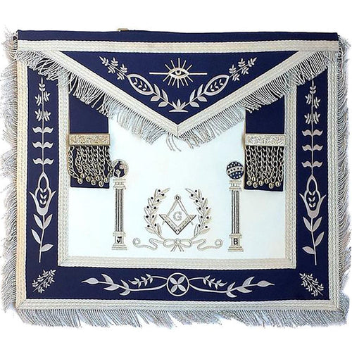 Master Mason Blue Lodge Apron – Navy Blue with Pillars Silver Machine Embroidery – product view