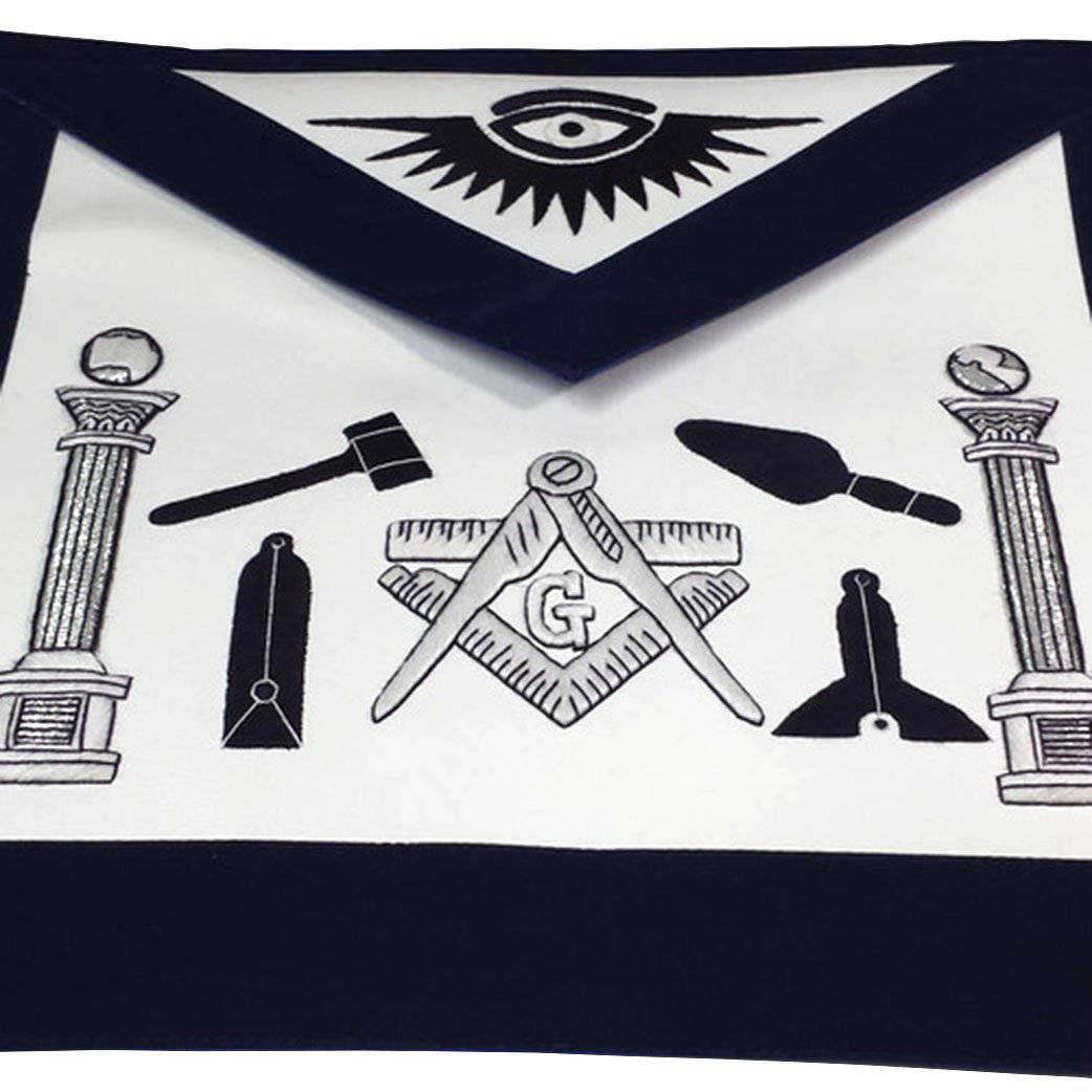 Master Mason Blue Lodge Apron – Navy Blue & White Silk Threads Hand Embroidery – detail 2
