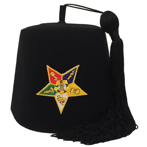 OES Fez Hat – Black Machine Embroidery – product view