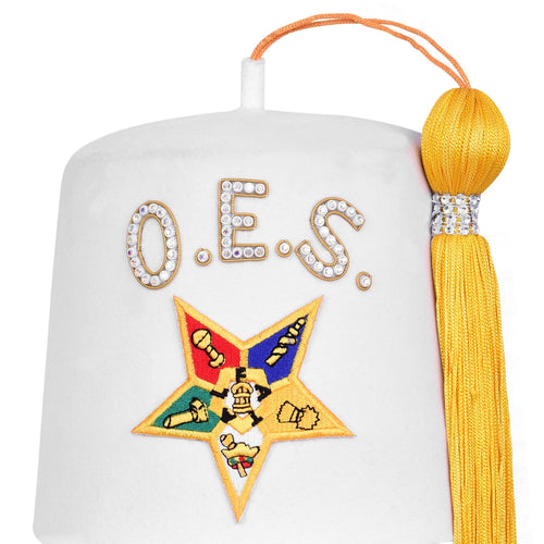 OES Fez Hat – Pure White With Yellow Tassel – product view