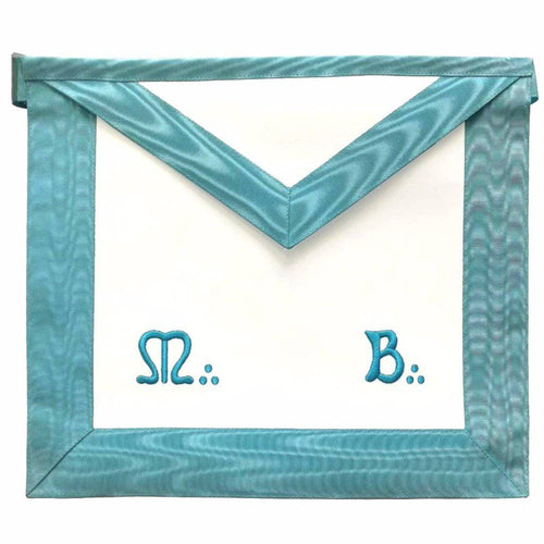Master Mason French Rite Apron – White & Sky Blue Moire Machine Embroidery – product view