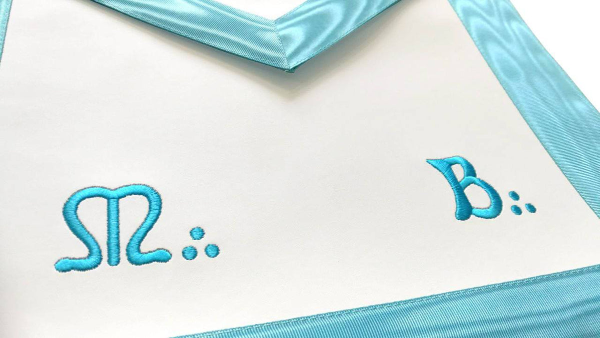 Master Mason French Rite Apron – White & Sky Blue Moire Machine Embroidery – detail 2