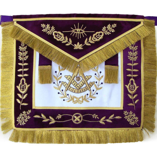 Past Master Blue Lodge Apron – White Satin & Purple with Gold Fringe Tassels – product view