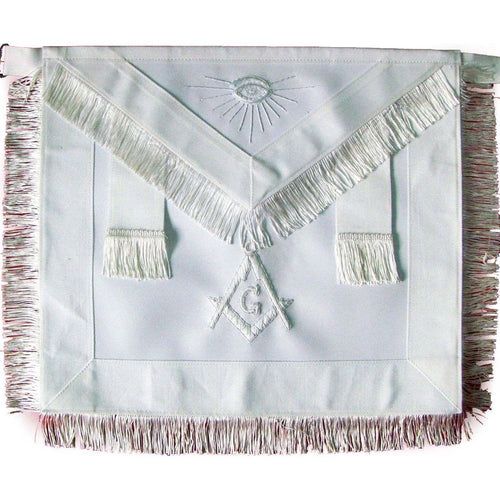 Master Mason Blue Lodge Apron – All White Ribbon with White Fringe – product view