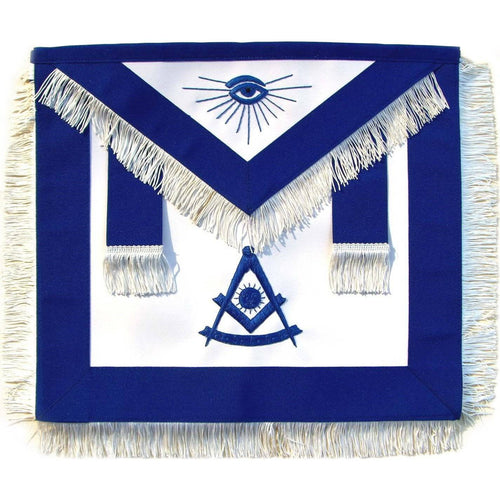 Past Master Blue Lodge Apron – Royal Blue with Blue Hand Embroidery & White Fringe – product view