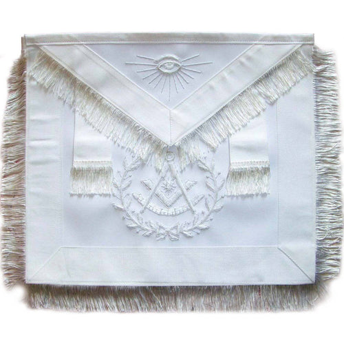 Past Master Blue Lodge Apron – All White with Wreath & Fringe Tassels – product view