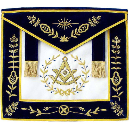 Past Master Blue Lodge Apron – Blue Velvet with Side Tabs & Gold Braid Hand Embroidery – product view