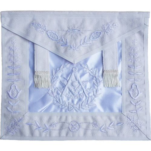 Past Master Blue Lodge Apron – All White with Side Tabs & Wreath – product view