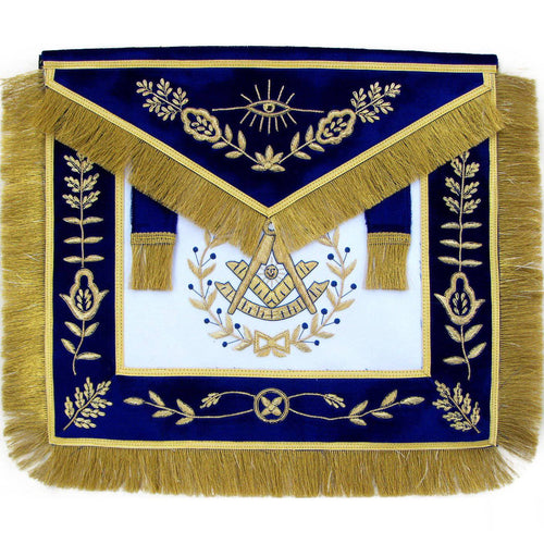 Past Master Blue Lodge Apron – Blue Hand Embroidery with Golden Fringe Tassels – product view