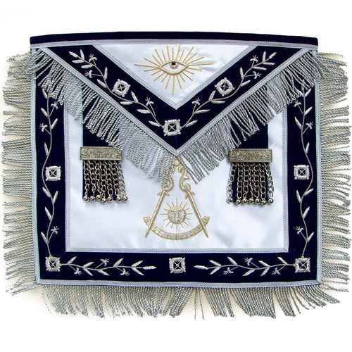 Past Master Blue Lodge Apron – Navy Blue with Hand Embroidered Vinework & Silver Fringe – product view