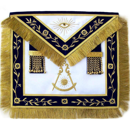 Past Master Blue Lodge Apron – Golden Vinework & Fringe Tassels Hand Embroidery – product view