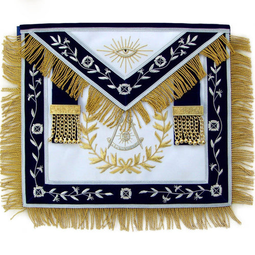 Past Master Blue Lodge Apron – Silver Braid & Golden Fringe Tassels Hand Embroidery – product view
