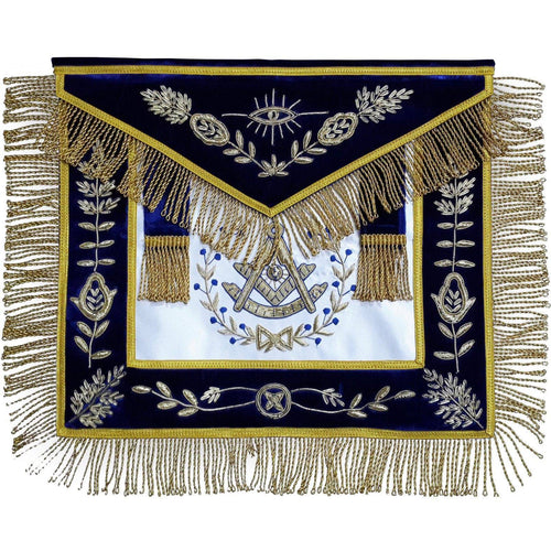 Past Master Blue Lodge Apron – Navy Blue Velvet with Side Tabs & Gold Fringe – product view