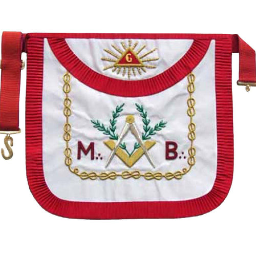 Master Mason Scottish Rite Apron – White & Red Pleated Edges Gold Embroidery – product view