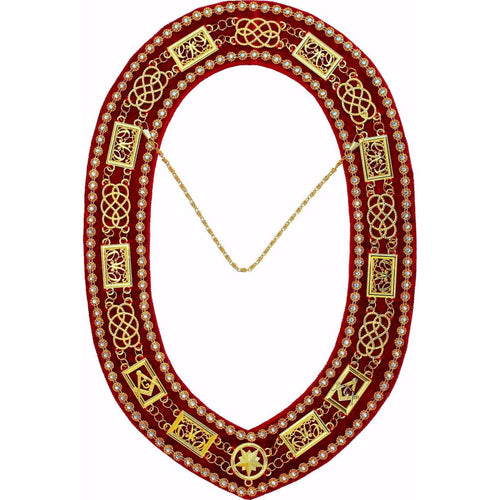 Grand Officers Blue Lodge Chain Collar – Gold Plated with Rhinestones on Red Velvet – product view
