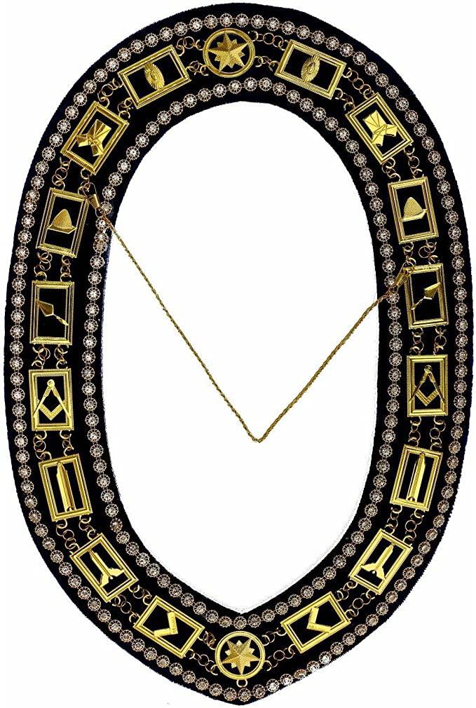 Blue Lodge Chain Collar – Gold Plated with Rhinestones on Blue Velvet – detail 2