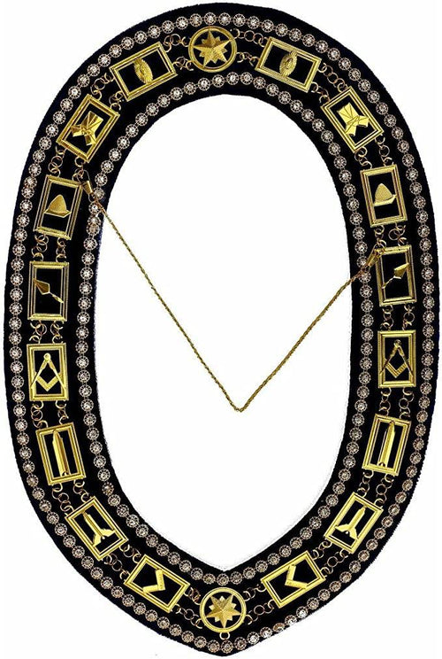 Blue Lodge Chain Collar – Gold Plated with Rhinestones on Blue Velvet – detail 2