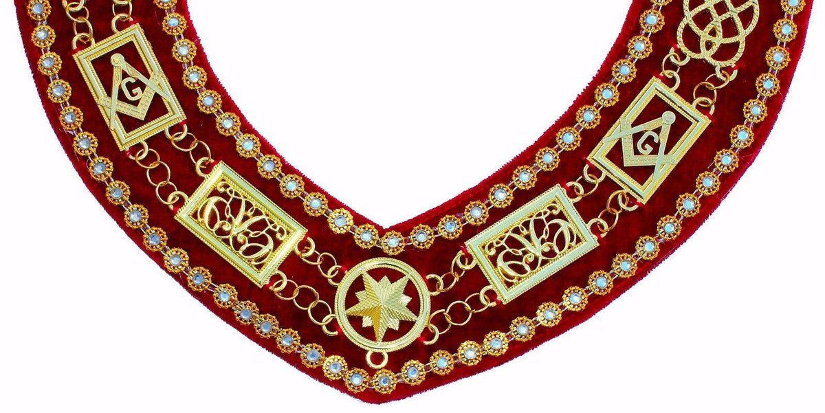 Grand Officers Blue Lodge Chain Collar – Gold Plated with Rhinestones on Red Velvet – detail 2