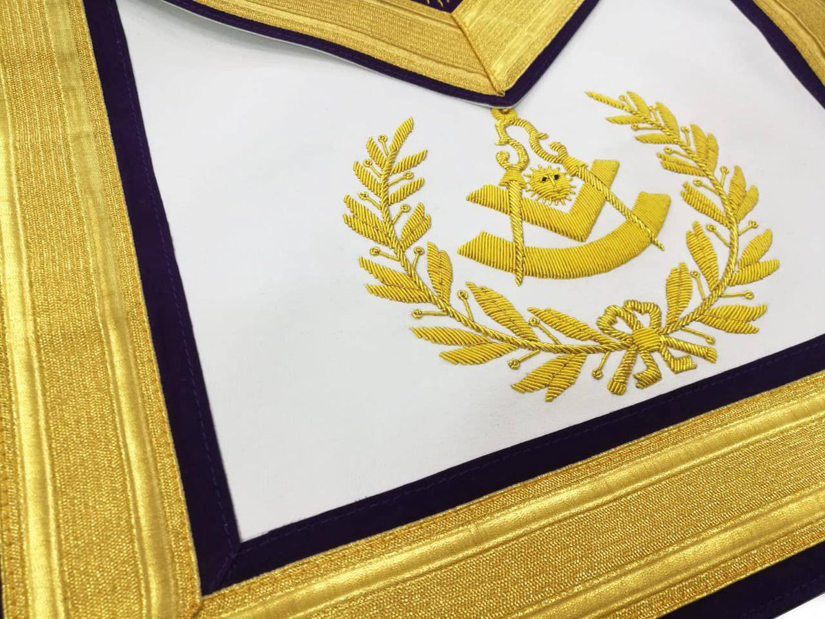 Past Master Blue Lodge Apron – Gold & Purple Hand Embroidery – detail 2