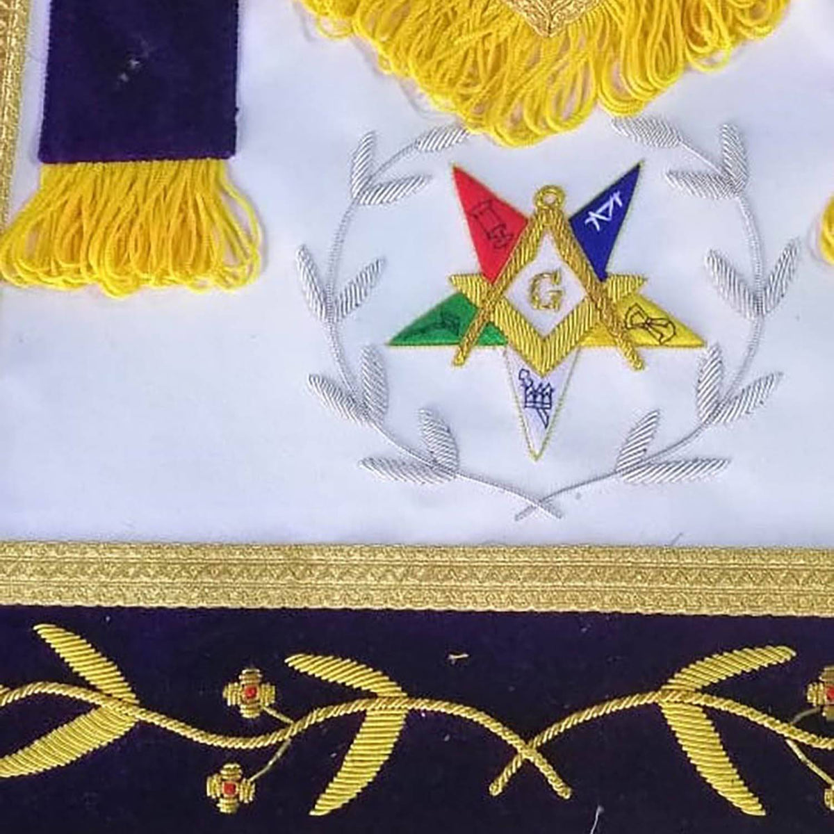 Worthy Patron OES Apron – Gold & Silver Bullion Wire Hand Embroidery – detail 2