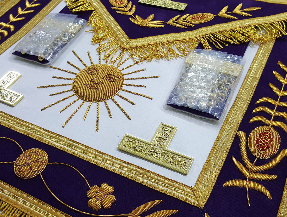 Past Master Blue Lodge Apron – Gold Sun & Vinework – detail 2