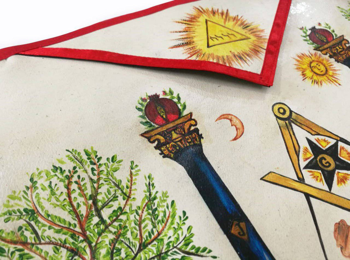 Hand-Painted Apron – Lambskin The Two Pillars of Jachin and Boaz – detail 2
