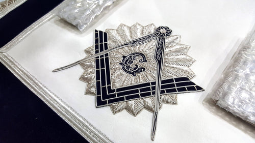 Master Mason Blue Lodge Apron – Navy Blue Hand Embroidery with Tassels – detail 2