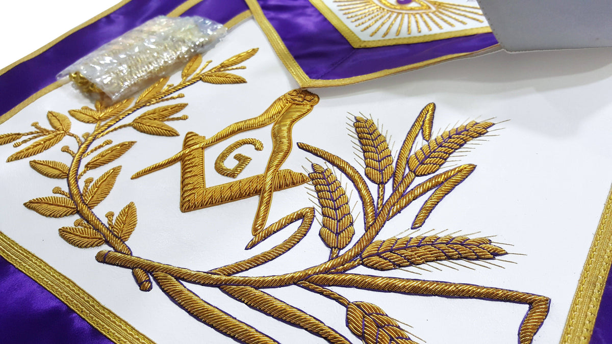 Master Mason Blue Lodge Apron – Purple Gold Hand Embroidery – detail 2