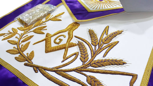 Master Mason Blue Lodge Apron – Purple Gold Hand Embroidery – detail 2