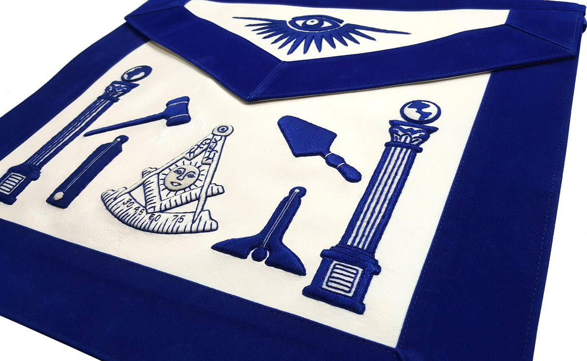 Past Master Blue Lodge Apron – Hand Embroidered with White Silk Threads – detail 2